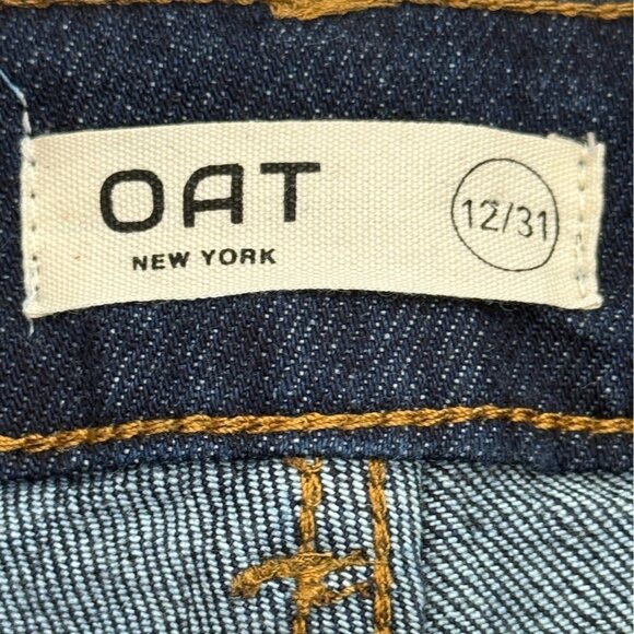 Oat Straight Leg Denim Jeans Dark Blue Raw-Hem High-Waist Womens Size 12 / 31 - Picture 3 of 8